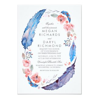 Bohemian Floral Feathers Rustic Wedding Invitation