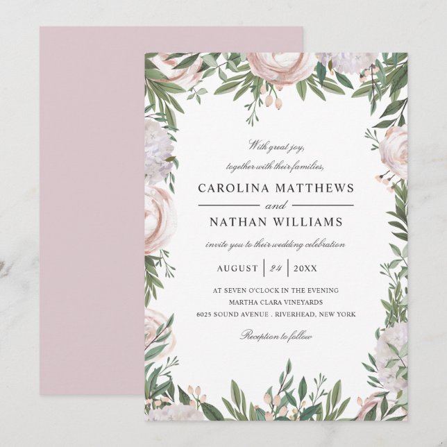 Bohemian Floral Frame Elegant Light Mauve Wedding Invitation (Front/Back)