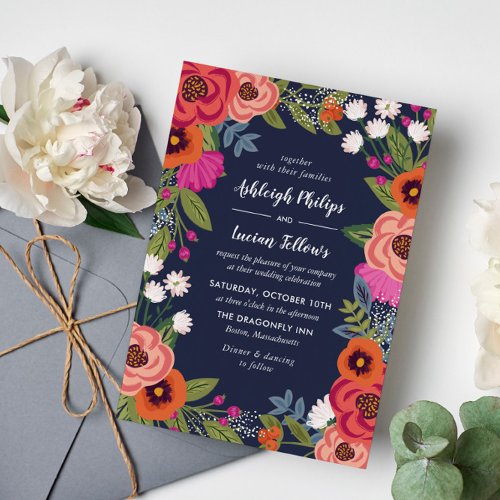Bohemian Floral Frame _ Navy Blue Wedding Invitation