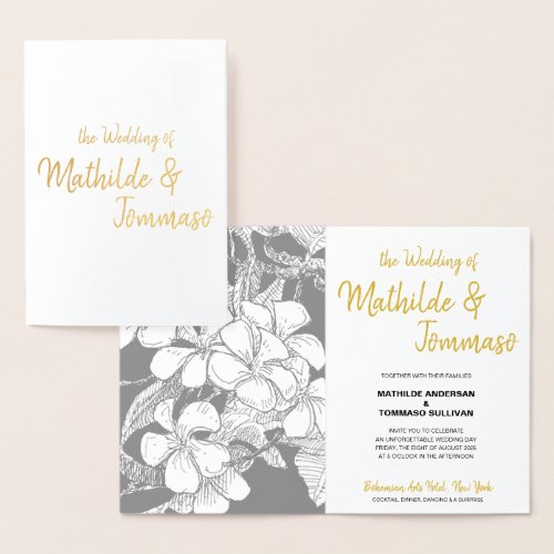 Bohemian Floral Gold Script Black Drawing Wedding Foil Card