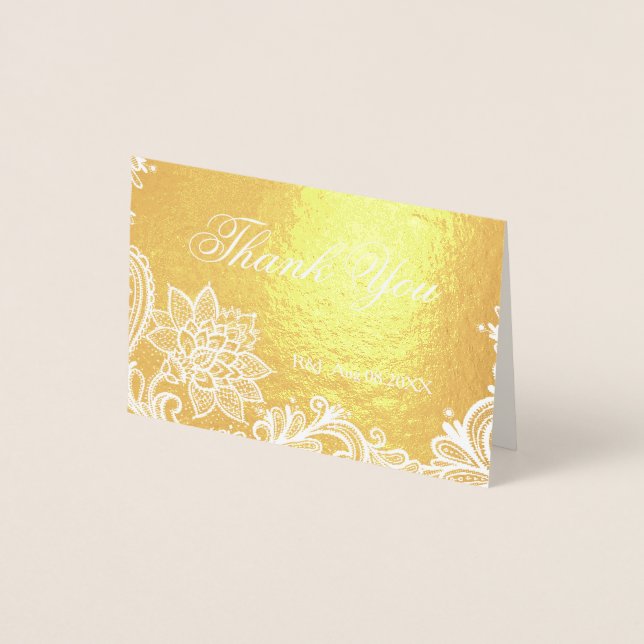 Bohemian Floral Lace Wedding Thank You Foil Card (Front)
