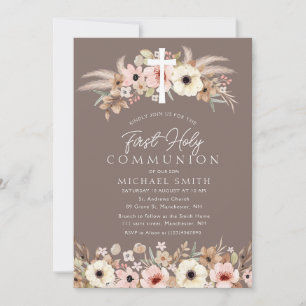 bohemian floral modern first communion invitation