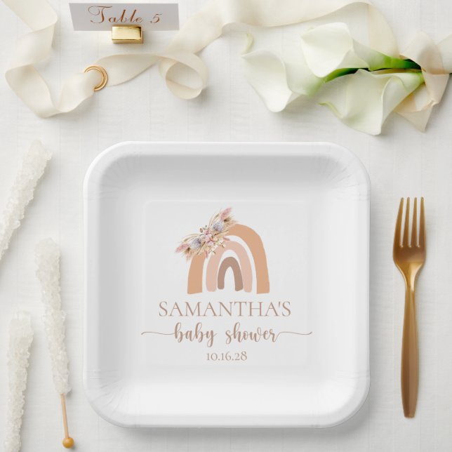 Bohemian Floral Pastel Rainbow Baby Shower Paper Plates (Wedding)