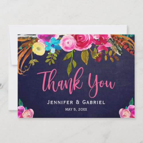 Bohemian Floral Pink Navy Script Wedding Thank You