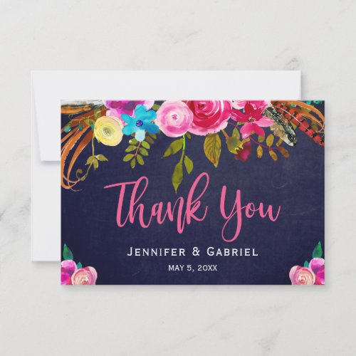 Bohemian Floral Pink Navy Script Wedding Thank You