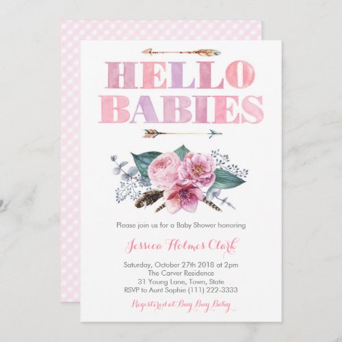 Bohemian Floral Pink Twin Baby Girls Shower Invitation