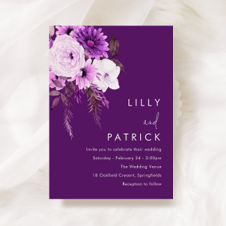 Bohemian Floral Purple & White Wedding Invitation