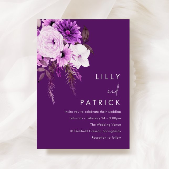 Bohemian Floral Purple & White Wedding Invitation (Creator Uploaded)