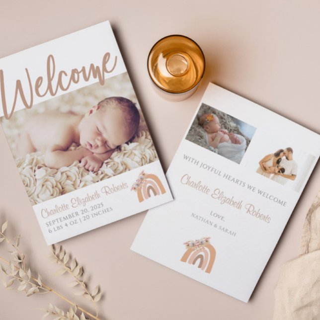 Bohemian Floral Rainbow Photo Birth Announcement (Creator Uploaded)