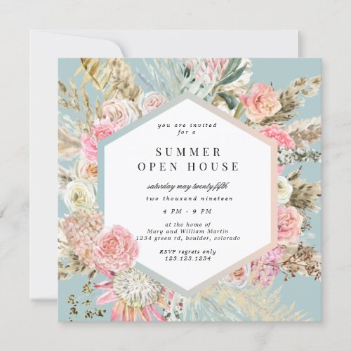 bohemian floral square open house invitation