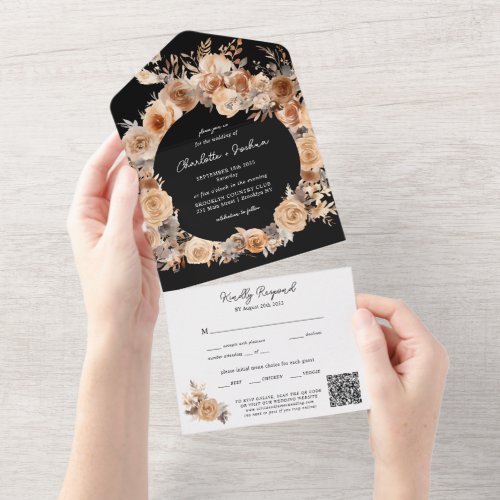 Bohemian Floral Terracotta Black QR Code Wedding All In One Invitation