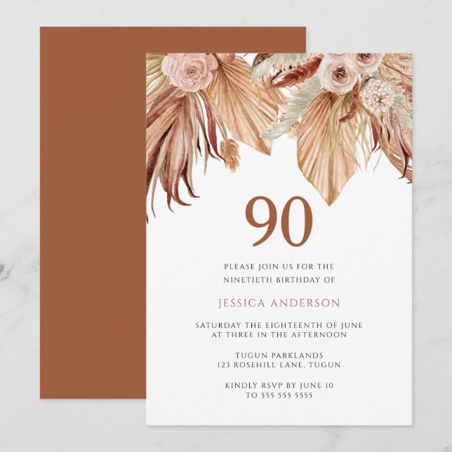 Bohemian Floral Terracotta Boho 90th Birthday Invitation (Front/Back)