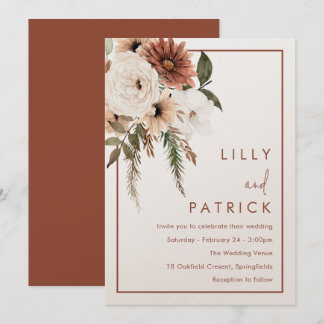 Bohemian Floral Terracotta & Champagne Wedding Invitation