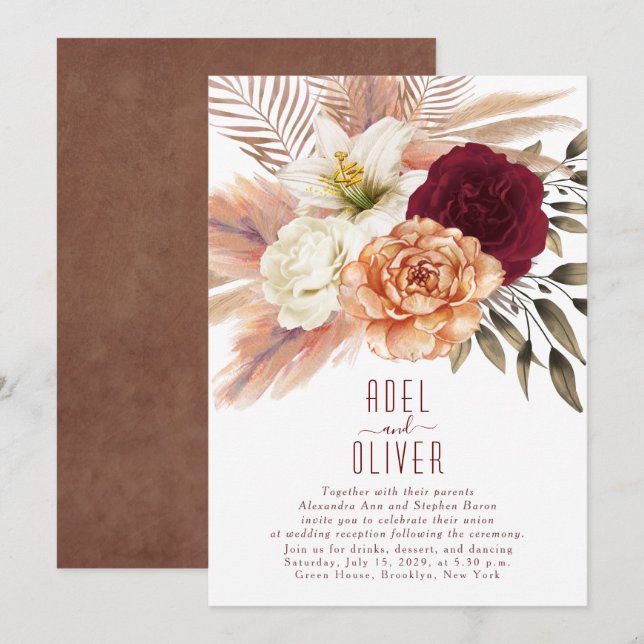 Bohemian Floral Terracotta Wedding Reception Invitation (Front/Back)