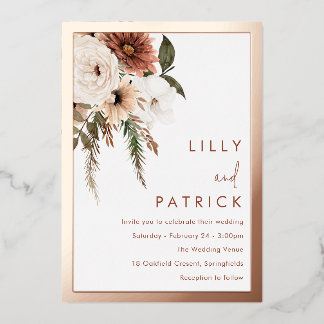 Bohemian Floral Terracotta Wedding Rose Gold Foil Invitation