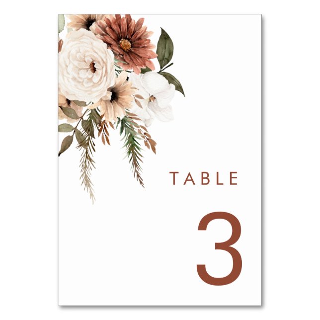 Bohemian Floral Terracotta Wedding Table Number (Front)