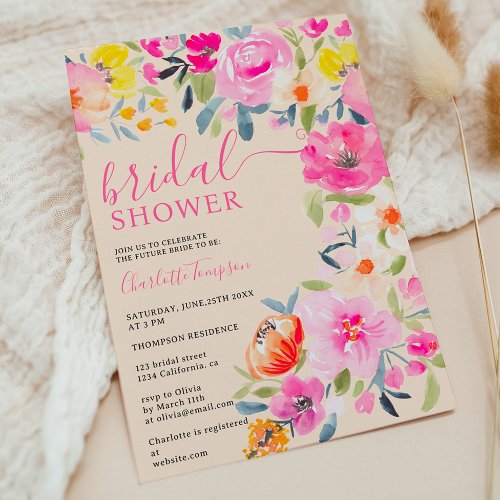 Bohemian  floral watercolor blush bridal shower invitation