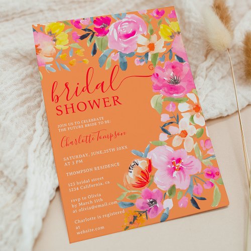 Bohemian floral watercolor orange bridal shower invitation
