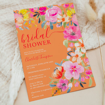 Bohemian Floral Watercolor Orange Bridal Shower Invitation by girly_trend at Zazzle