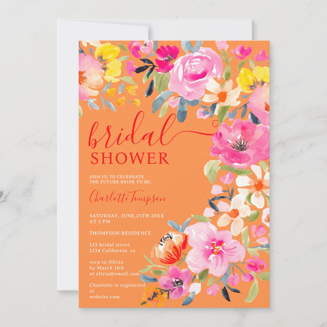 Bohemian floral watercolor orange bridal shower                    invitation
