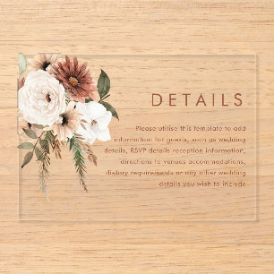 Bohemian Floral Wedding Details Enclosure Card Acrylic Rsvp Card