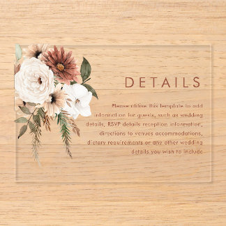 Bohemian Floral Wedding Details Enclosure Card Acrylic Rsvp Card
