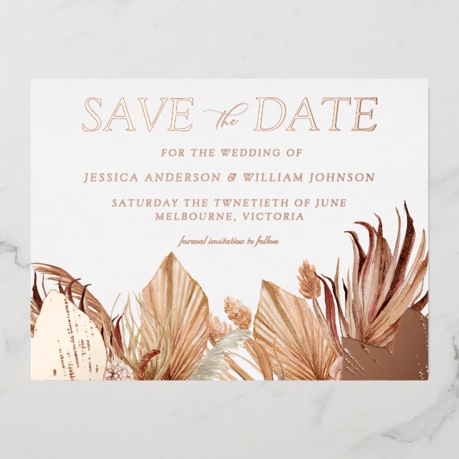 Bohemian Floral Wedding Save The Date Rose Gold Foil Invitation Postcard (Front)