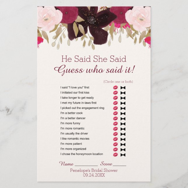 Bohemian Floral Wedding Word Search Shower Game (Front)