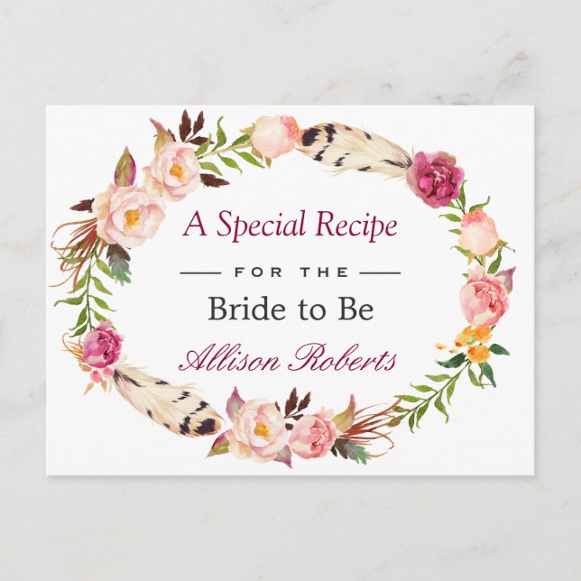 Bohemian Floral Wreath Boho Bridal Shower Recipe Postcard (Front)