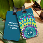 Bohemian Flower with Monograms Luggage Tag<br><div class="desc">Add your initials to this funky floral illustration. You can change the monogram to one initial. A black background with bright green,  teal and purple accents.</div>