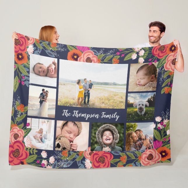 Bohemian Flowers Family Photo Collage Nine Fleece Blanket (In Situ)