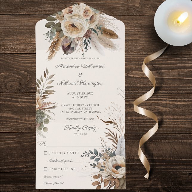 Bohemian Flowers & Feathers All In One Invitation (Also available without dinner options or with QR code. )