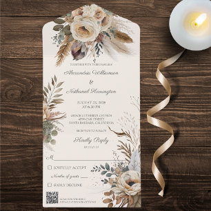 Bohemian Flowers & Feathers QR Code All In One Invitation