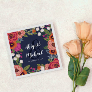 Bohemian Flowers - Navy Blue Wedding Napkins