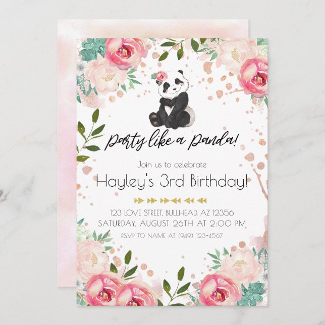 Bohemian Flowers Party Like a Panda Birthday Invitation (Front/Back)