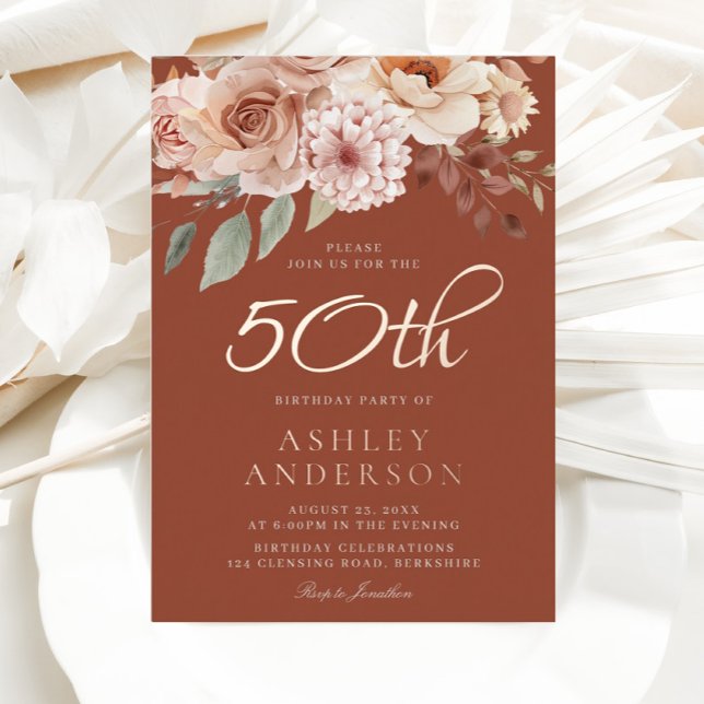 Bohemian Flowers Rose Gold Foil 50th Birthday  Foil Invitation (Creator Uploaded)