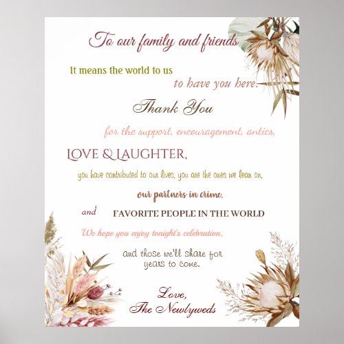 Bohemian Flowers Wedding Reception Thank You Poster