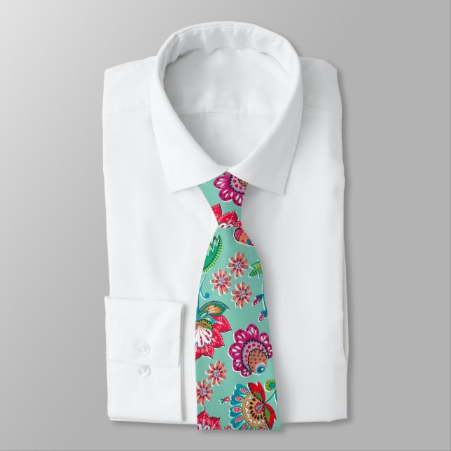 Bohemian folk art floral pattern turquoise wedding neck tie (Tied)
