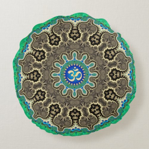 Bohemian Fractals Spiritual Aum Yoga Round Cushion