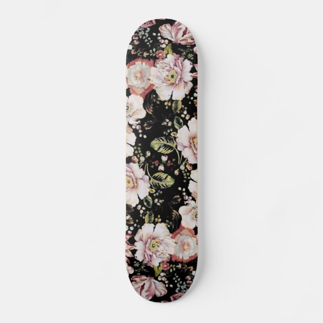 bohemian french country chic black floral skateboard deck (Front)