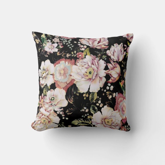 bohemian french country chic black floral throw pillow (Front)
