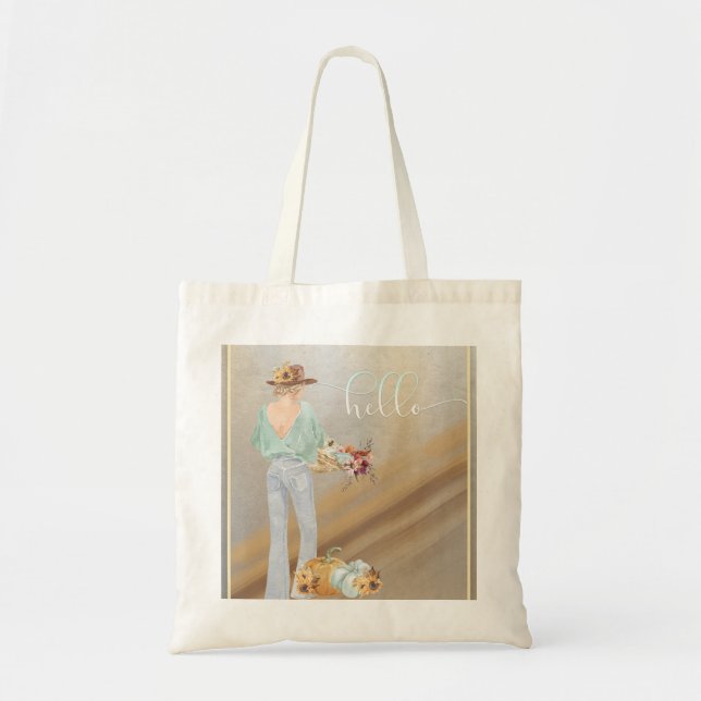 Bohemian Girl With Autumn Pumpkins and Flowers Tote Bag (Front)