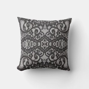 bohemian girly chic floral pattern black lace outdoor pillow