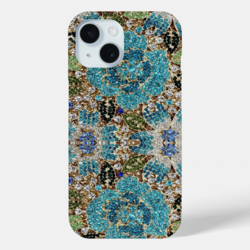bohemian girly chic silver turquoise blue floral iPhone 15 case