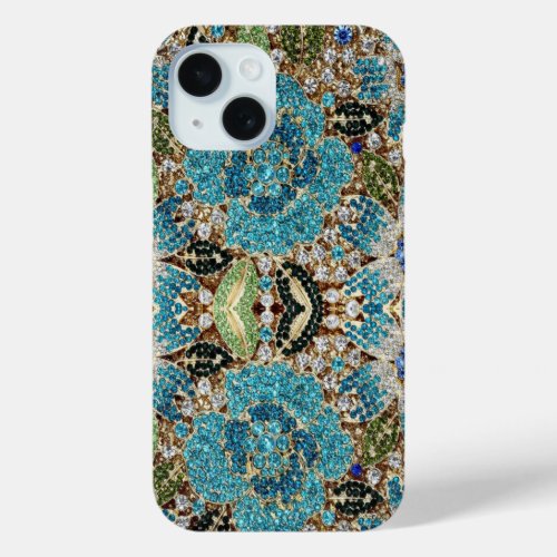 bohemian girly chic silver turquoise blue flower iPhone 15 case