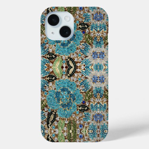 bohemian girly chic silver turquoise blue flower iPhone 15 case