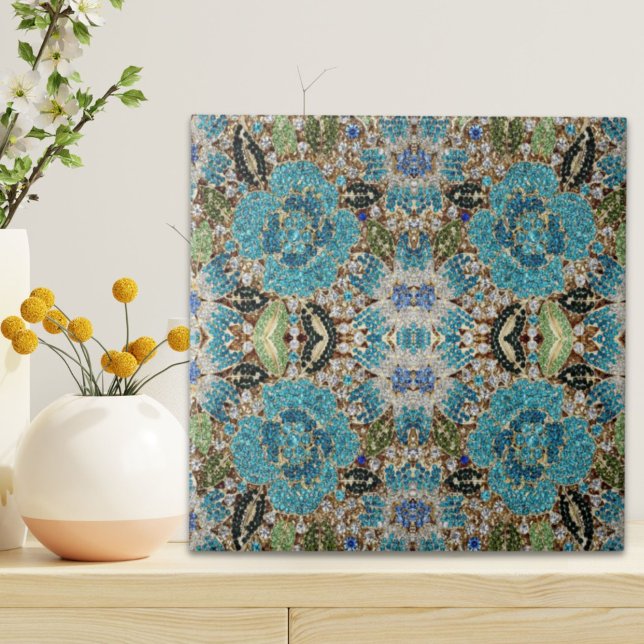 bohemian girly chic silver turquoise blue flower ceramic tile (bohemian girly chic silver turquoise blue flower ceramic tile)