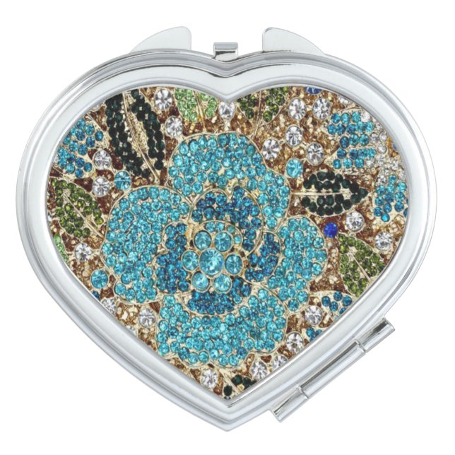 bohemian girly chic silver turquoise blue flower compact mirror (Front)