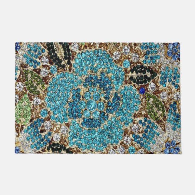 bohemian girly chic silver turquoise blue flower doormat (Front)