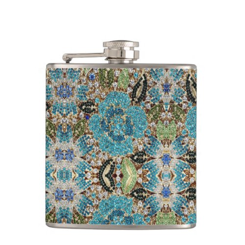 bohemian girly chic silver turquoise blue flower flask